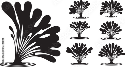 Black Silhouette Splash Water Droplets Isolated on White Background