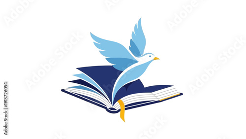 An open book with a magic flying feather creates a vector illustration where birds and hummingbirds fly through a sky of art and education for school learning