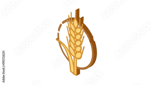 Elegant Wheat Stalk 3D Isometric Vector Icon with Full Grains in Golden & Light Brown. transparent.