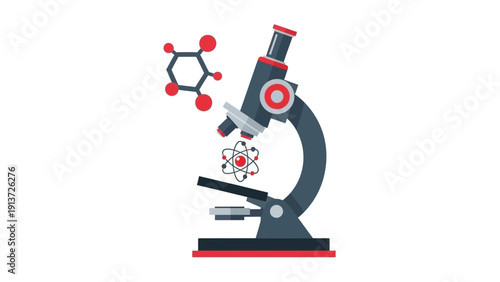 Microscope with Stylized Atom in Lens Icon Representing Scientific Discovery. transparent.