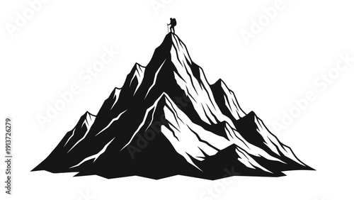 Majestic vector silhouette of a mountain peak with a lone hiker's silhouette. transparent.