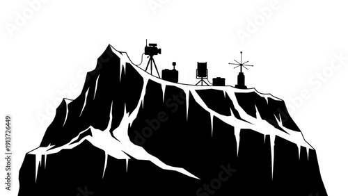 Stark vector silhouette of a towering iceberg subtly showing research equipment.