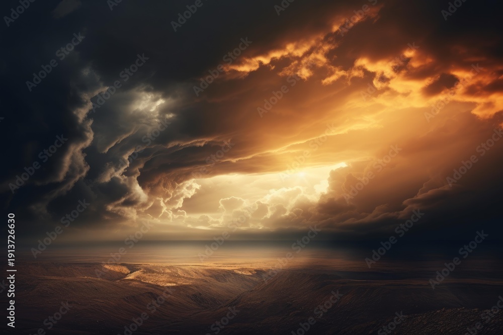 Obraz premium Golden light illuminating a rugged desert landscape beneath a powerful, stormy sky