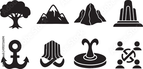 Collection of iconic black and white symbols and logos