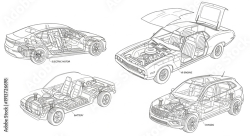 Detailed Technical Drawings of Four Different Car Models.