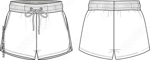 Technical fashion flat sketch of women's athletic drawstring shorts, front and back view, summer activewear vector template for garment design.