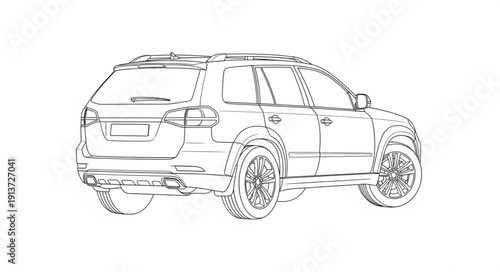 Detailed sketch of a modern SUV vehicle from the rear.