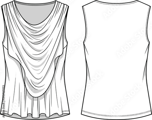 Technical fashion flat sketch of women's sleeveless cowl neck top, draped front blouse, elegant summer garment design vector template illustration.