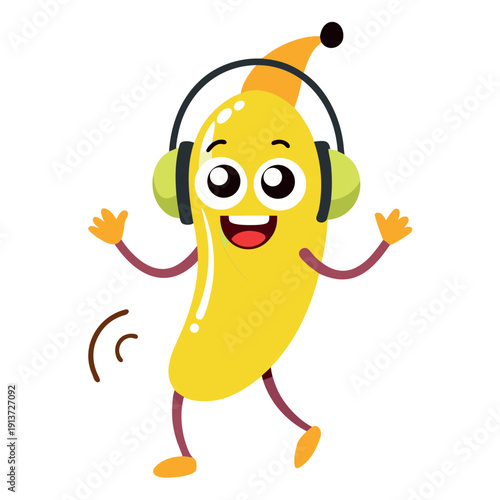 Cartoon banana wearing headphones and dancing to music