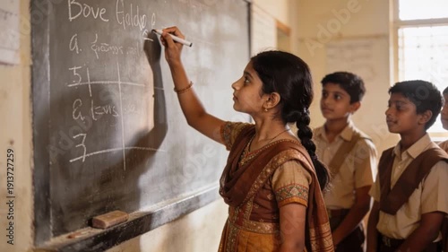 Young Indian girl student writing lesson on chalkboard inside rural school classroom. Focused pupil watches South Asian primary education activity