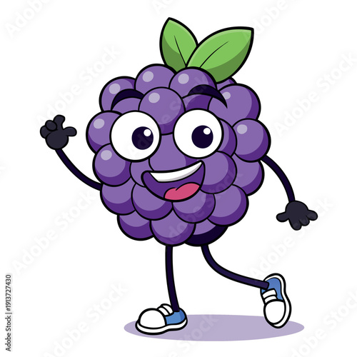 Cartoon blackberry character with green leaves and legs