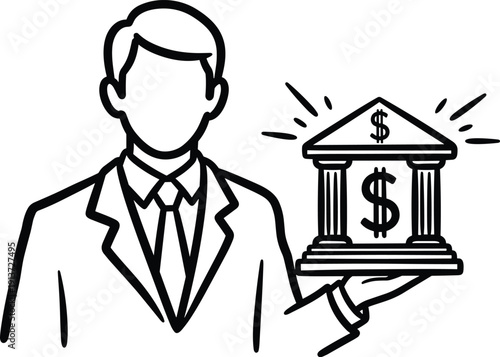 A businessman holding a bank building with a dollar sign, representing finance and wealth management