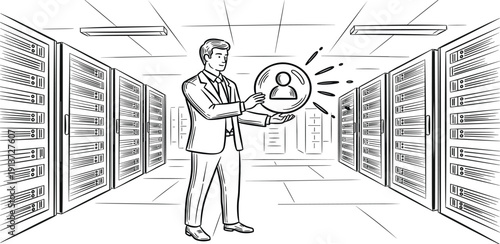 Man in suit holding a user icon in a data center with rows of servers
