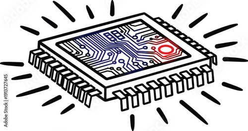 A detailed illustration of a microchip with circuitry and a red indicator, symbolizing technology and innovation in a digital landscape.
