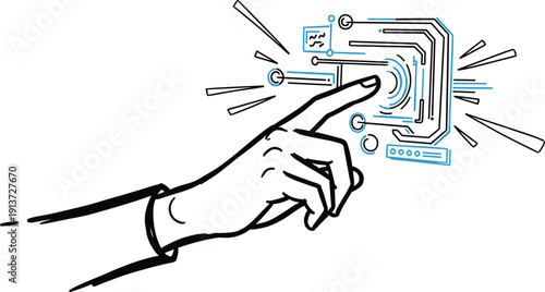 Hand interacting with futuristic digital interface illustration