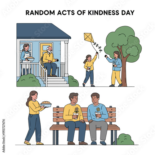 Illustration of people performing acts of kindness in a park and near a house on Random Acts of Kindness Day with a white background.