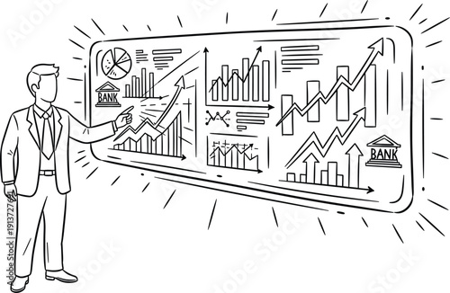 Businessman presenting statistical data on a screen with various graphs and charts