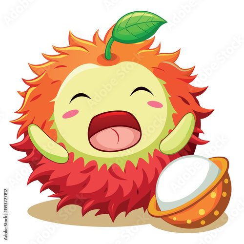 A cartoon rambutan yawning happily sitting