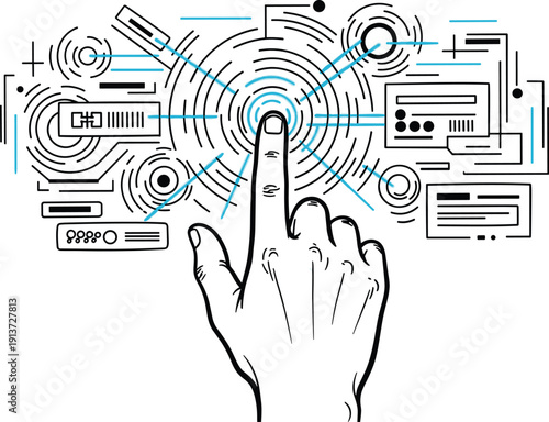 A hand interacting with futuristic digital interface elements and controls from a front viewpoint