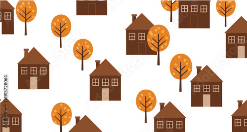 Autumn Houses and Trees Seamless Pattern Flat Vector Illustration with Cozy Village Homes Fall Background