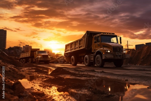 Dump trucks transporting material on a muddy construction site against a striking sunset sky