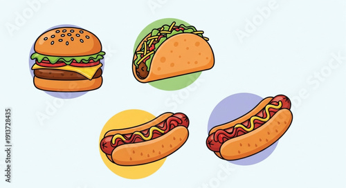 Fast food items including a burger taco and hot dogs.