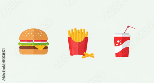 Fast food meal with burger fries and soda drink.