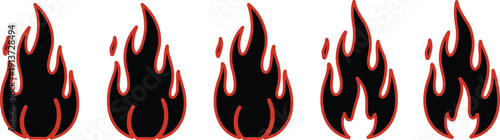 Black Fire Flame Icons Set Flat Vector Illustration with Burning Heat Symbols Isolated on White Background