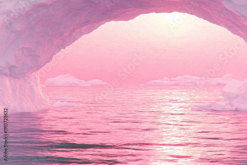 Pink ice archway over a pastel pink sea