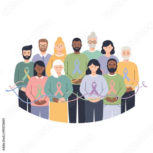 Illustration of a diverse group of people standing together, wearing colored ribbons on their sweaters, symbolizing unity and awareness, against a plain white background.