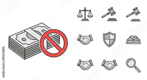Financial crime prohibition and legal justice icons set.