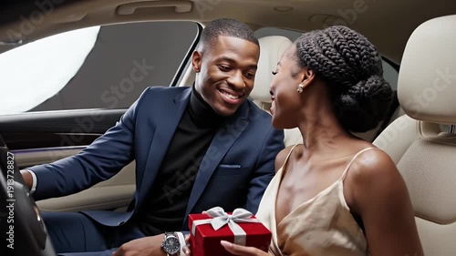 Man Giving Red Gift to Woman in Beige Car Interior Smiling