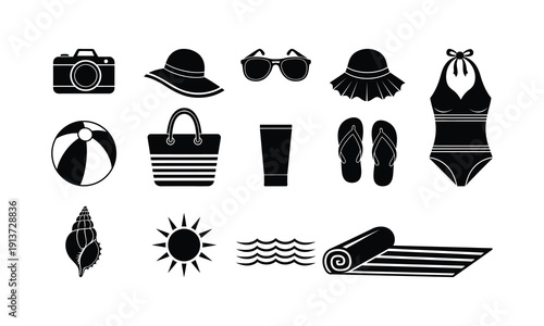 Beach vacation icons and summer symbols