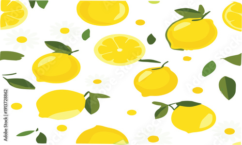 Bright yellow lemon seamless pattern with citrus slices green leaves and daisies in fresh summer vector style