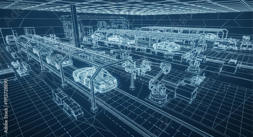 Digital blueprint of a complex industrial factory with intricate machinery.