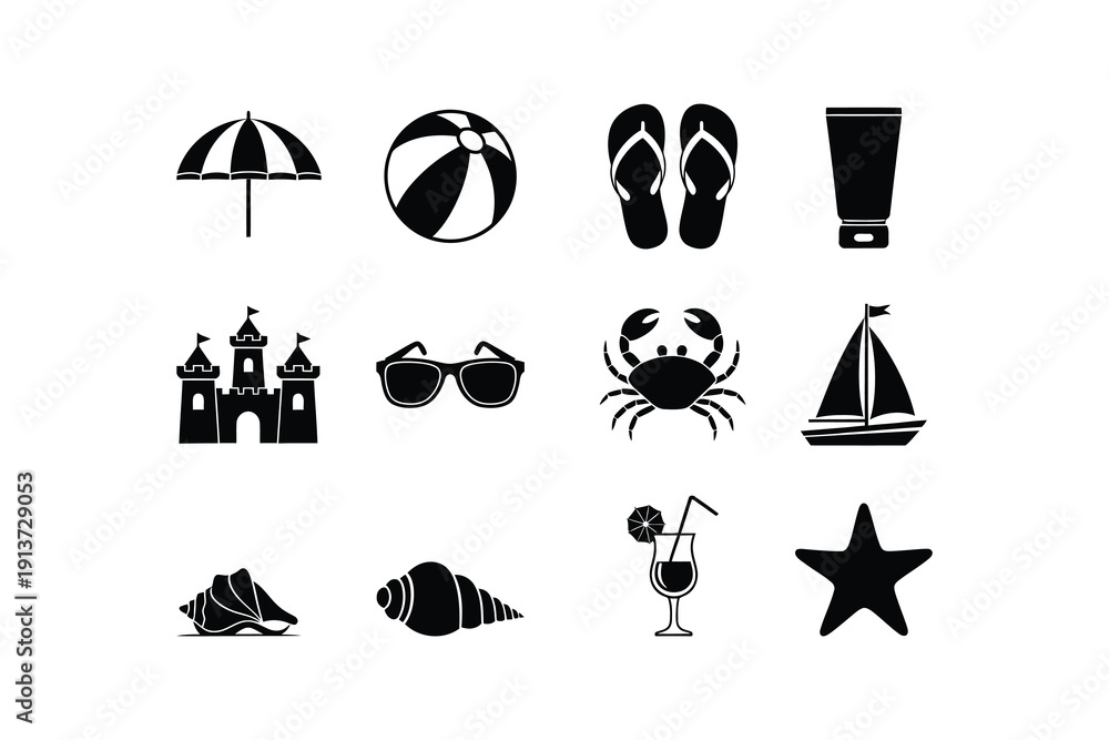 Fototapeta premium Black and white beach icons and symbols