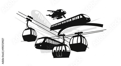 Diverse modes of transportation including trains cable cars and a helicopter.