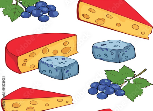 Cheese and Grapes Set with Blue Cheese and Hard Cheese Wedges Gourmet Food Vector Illustration