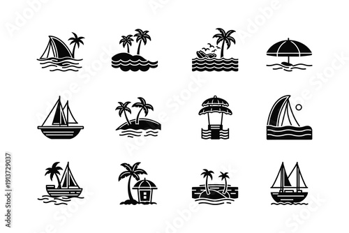 Tropical beach icons and nautical symbols