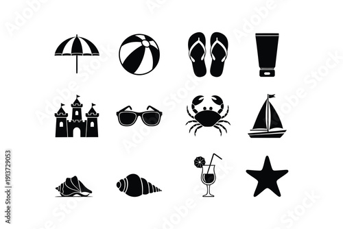 Black and white beach icons and symbols