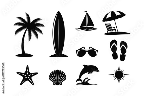Beach vacation icons and summer symbols