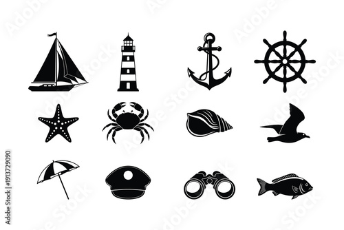 Nautical icons set including sea creatures and ships