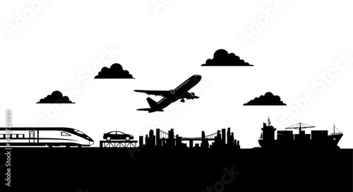 Diverse transportation methods including airplane train car and ship.