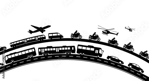 Diverse transportation vehicles moving on roads and air.