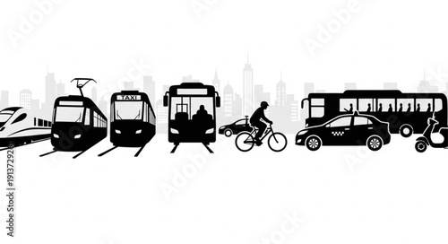 Diverse urban transportation modes silhouette collection.