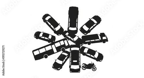 Diverse vehicles arranged in a circular pattern abstract design.