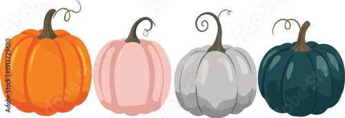Colorful Pumpkin Collection Set with Orange Pink Gray and Dark Green Autumn Harvest Vector Illustration