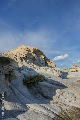 Bizarre and unique rock formations and shapes at the Kolymbithres Beach on Paros island in Greece on a sunny day.