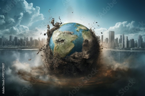 Wallpaper Mural Planet earth breaking apart in front of a city skyline, representing environmental destruction Torontodigital.ca