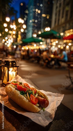 Hot dog with toppings on paper outdoors at night